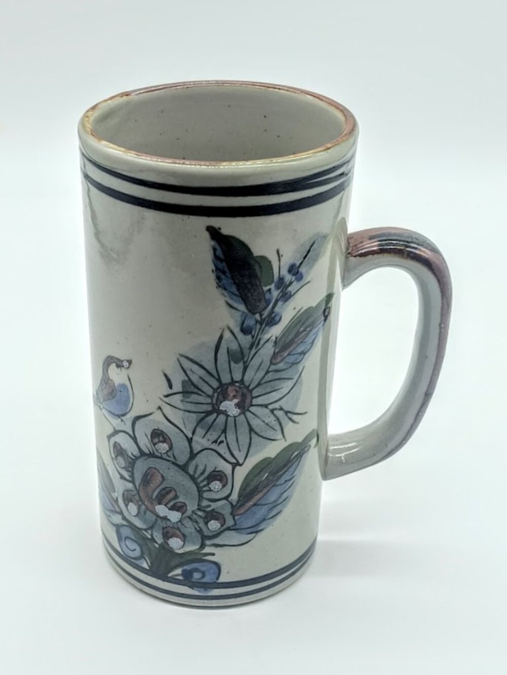 Ken Edwards Mexican Blue Brown Birds Floral Tall Pottery Mug